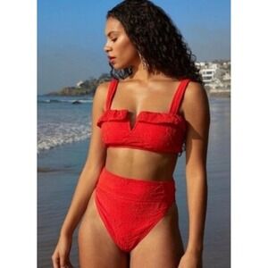 NWT WET Swimwear Poppy Red Textured Jacquard Bikini Bottoms‎ High Rise Cheeky